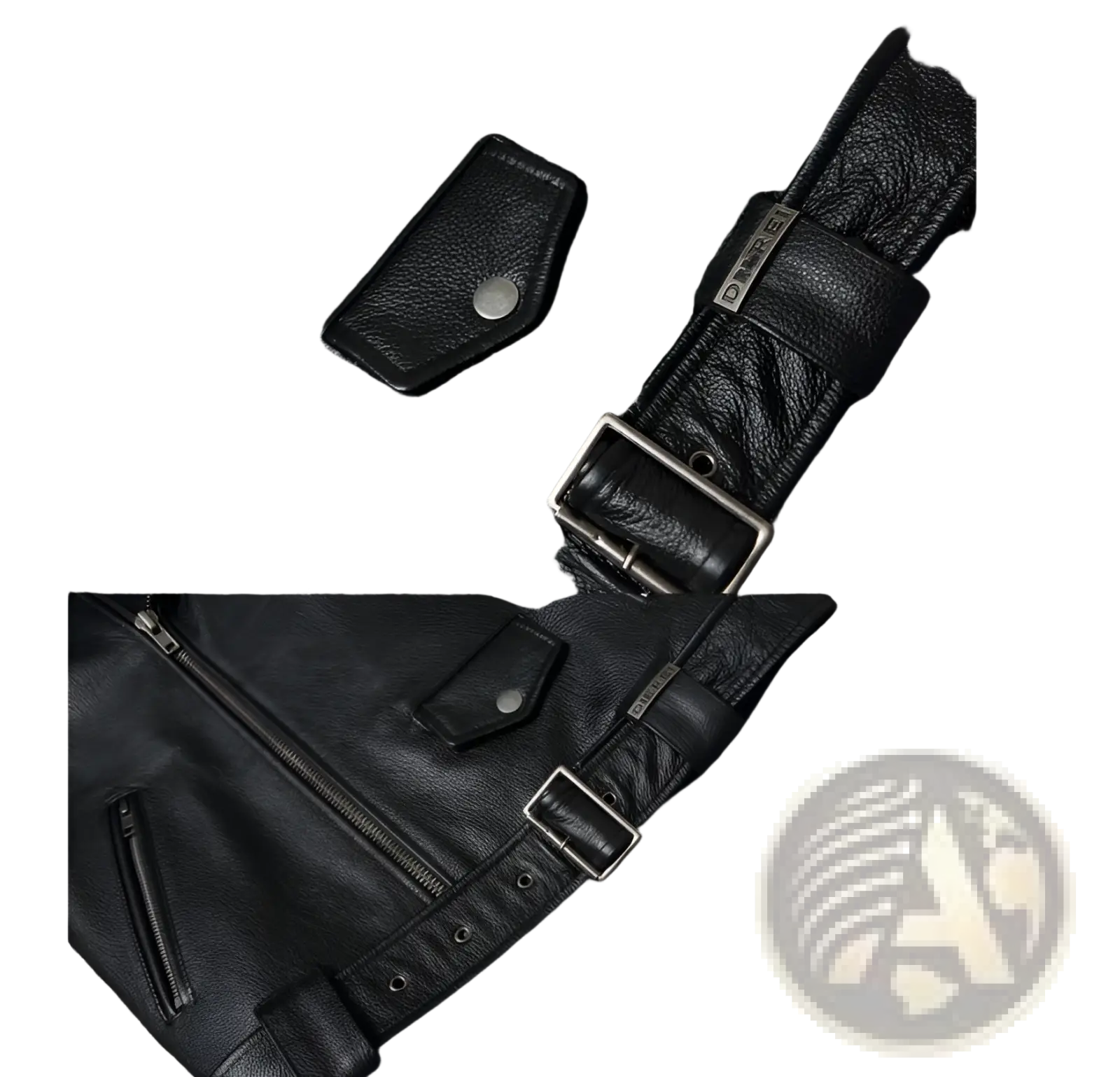 Men’s black cowhide leather motorcycle biker jacket with lapels silver zippers and metal buckles front view