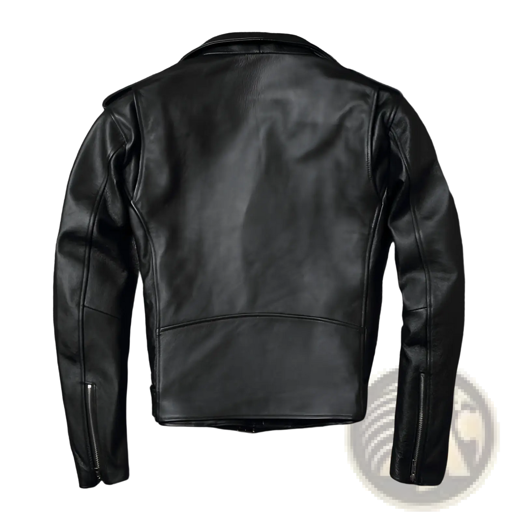 Men’s black cowhide leather motorcycle biker jacket with classic stitching zipper details and lapels, front view