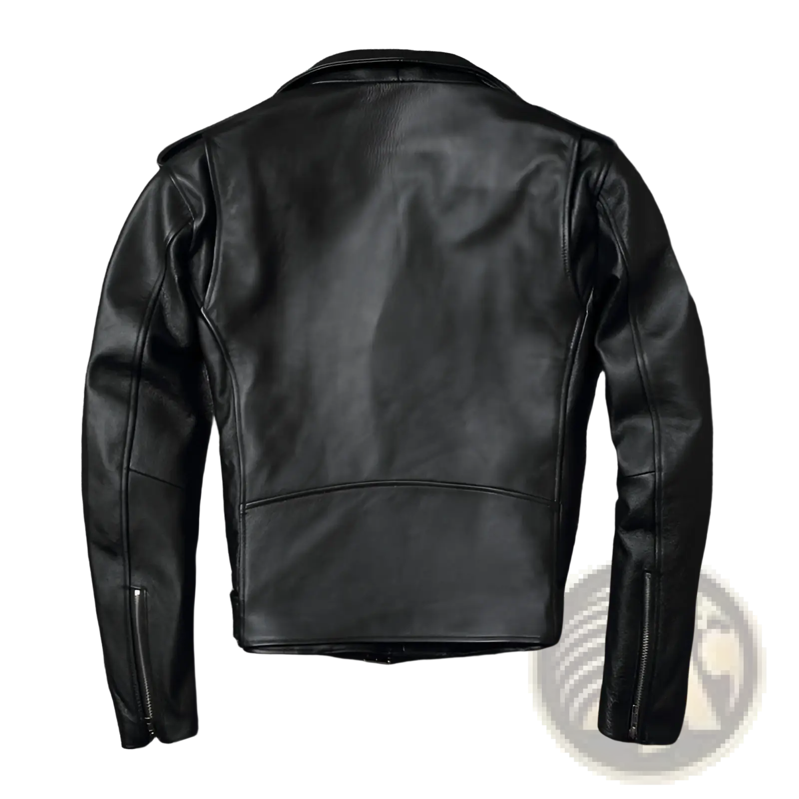 Men’s black cowhide leather motorcycle biker jacket with classic stitching zipper details and lapels, front view