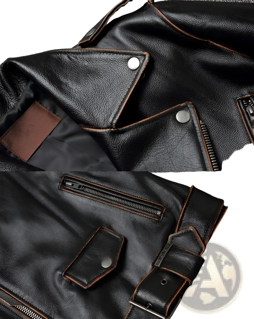 Men’s cowhide leather motorcycle biker jacket in black with brown stitching and silver snap buttons with lapels