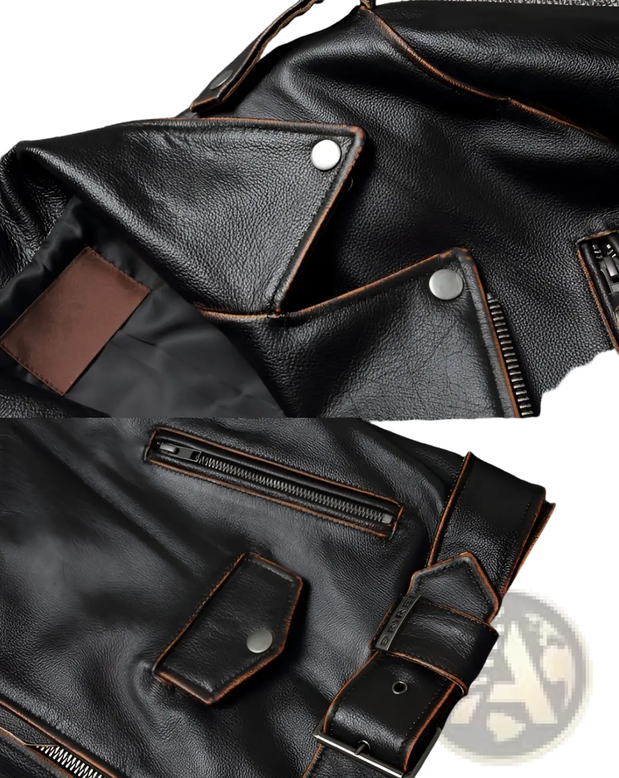 Men’s cowhide leather motorcycle biker jacket in black with brown stitching and silver snap buttons with lapels
