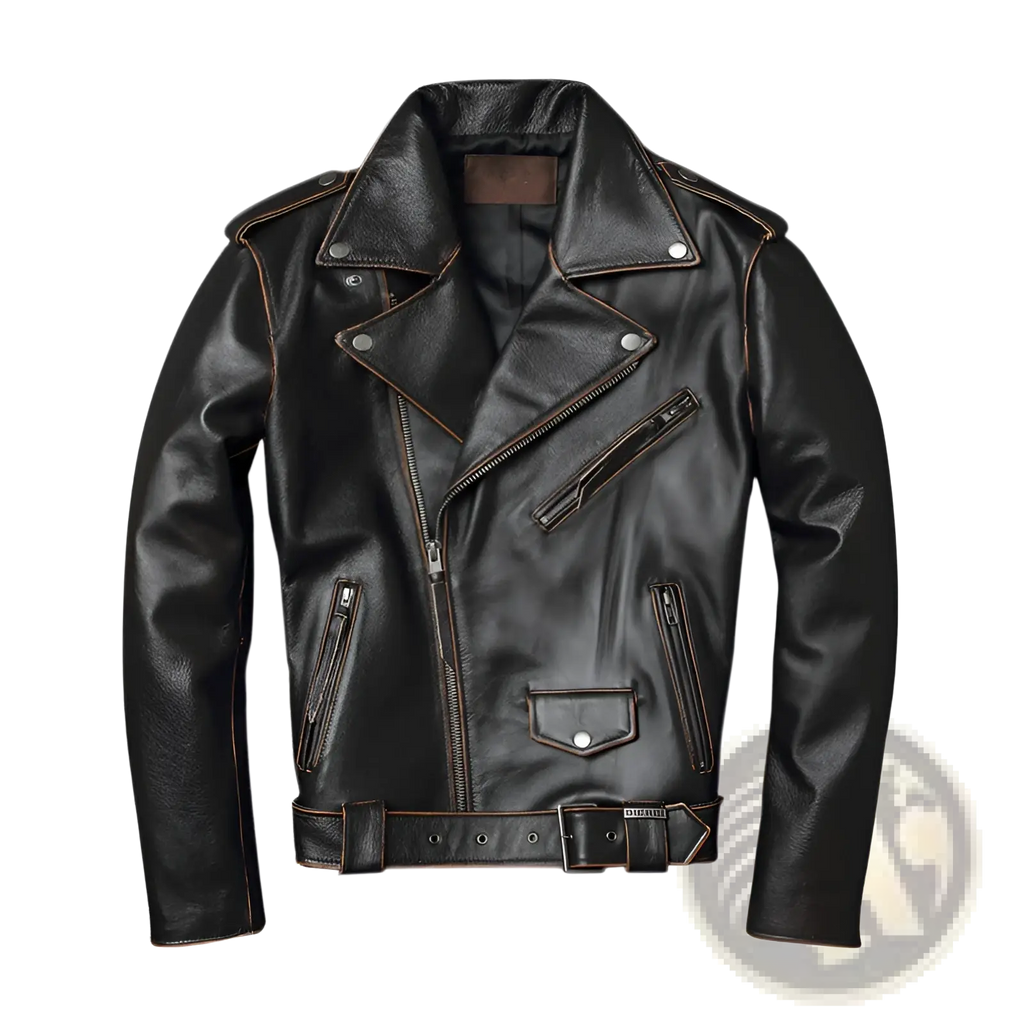 Men’s cowhide leather motorcycle biker jacket in black with brown stitching and silver zippers with lapels