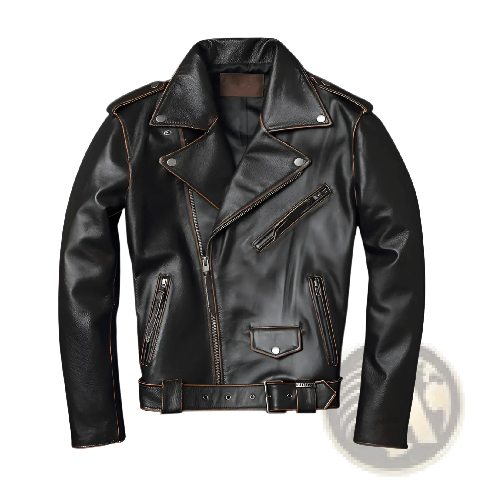 Men’s cowhide leather motorcycle biker jacket in black with brown stitching and silver zippers with lapels