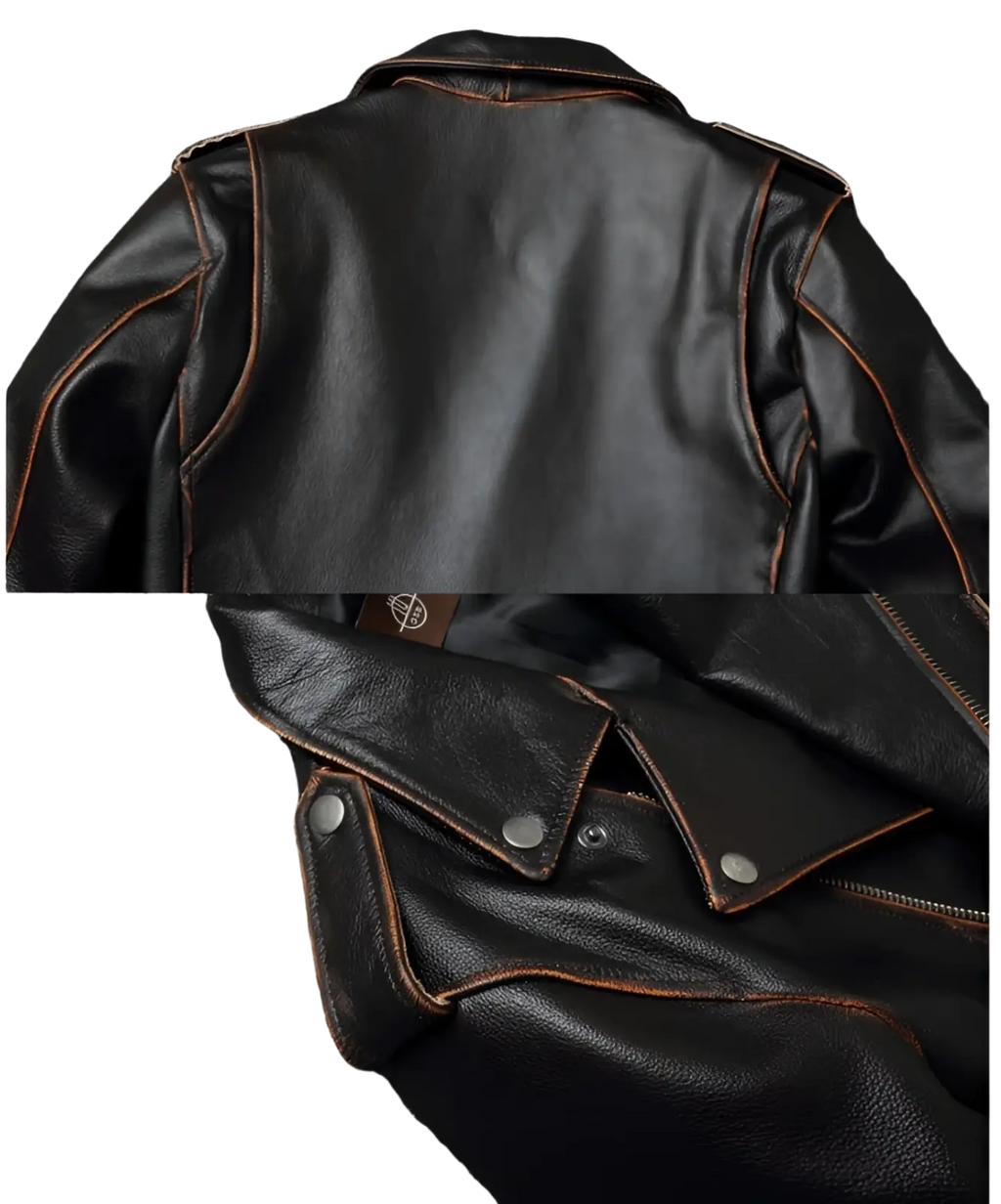 Men’s cowhide leather motorcycle biker jacket in black with brown stitching and silver snap buttons and lapels