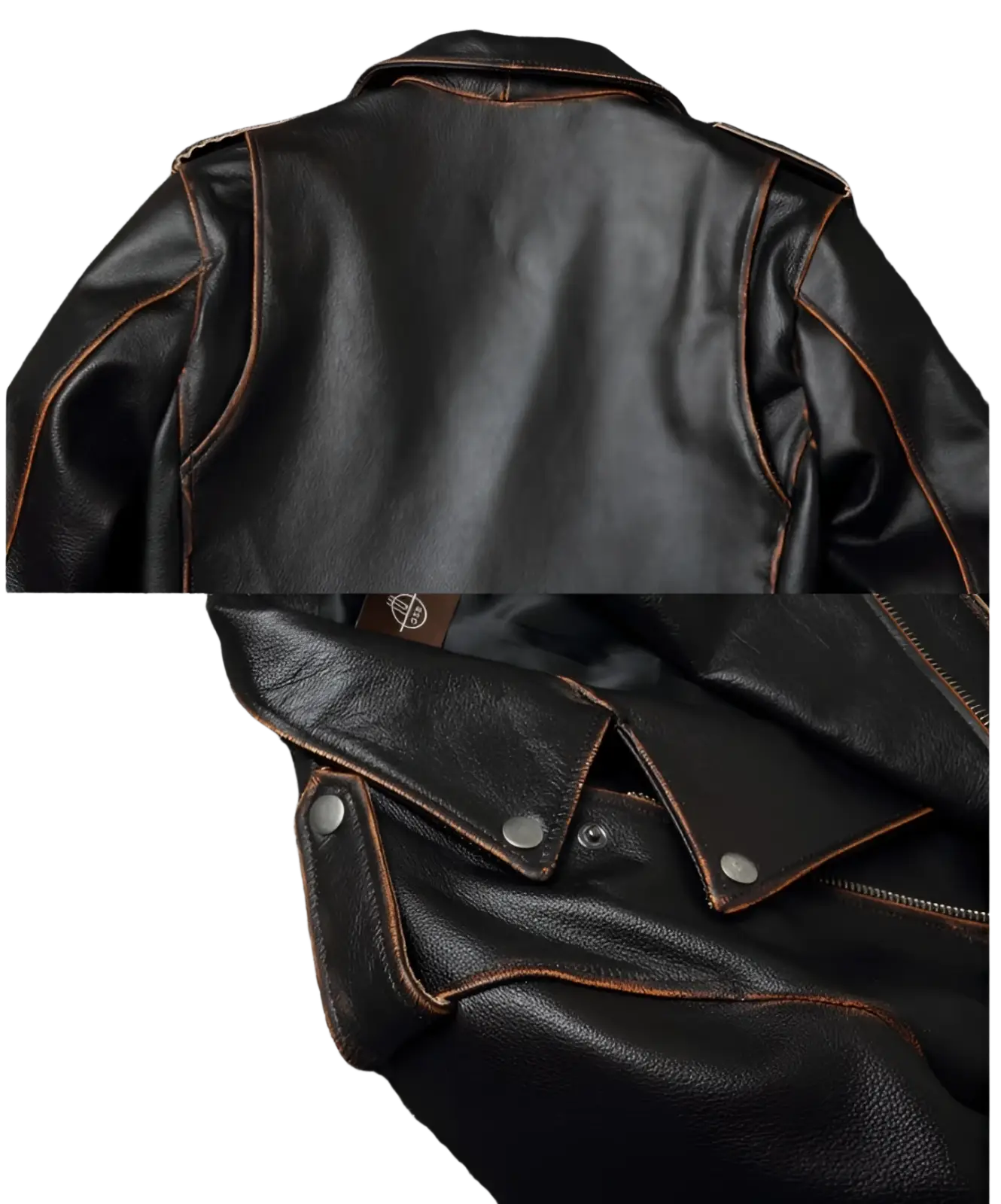 Men’s cowhide leather motorcycle biker jacket in black with brown stitching and silver snap buttons and lapels