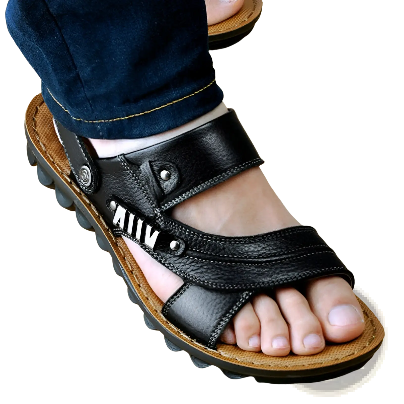 Men’s black cowhide leather sandals with textured sole and silver-toned buckle accents