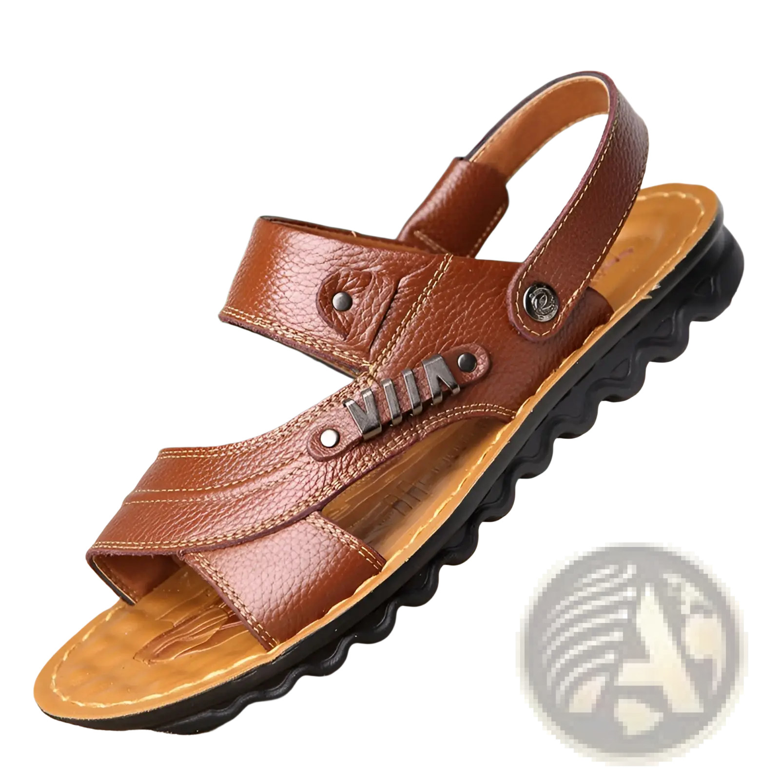 Men’s cowhide leather sandals in brown with textured surface black wavy sole and silver buckle accents including brand logo