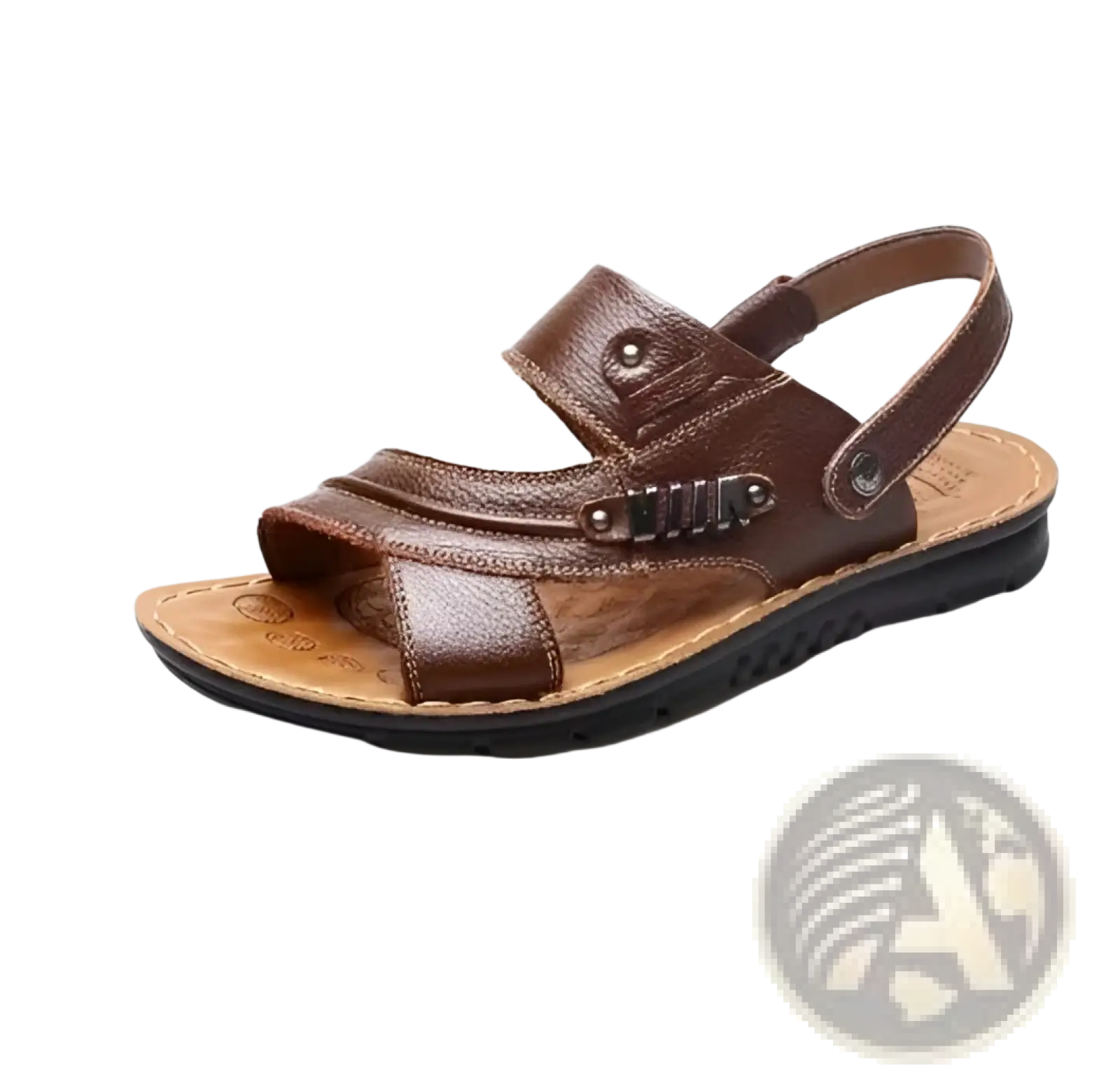 Men’s brown cowhide leather sandals with buckle accents featuring adjustable straps and a sturdy sole