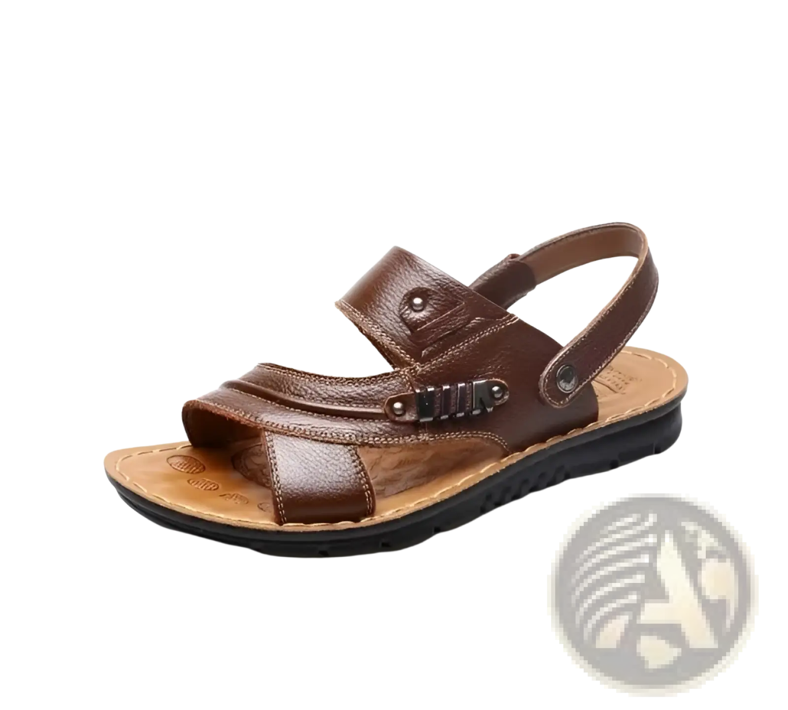 Men’s brown cowhide leather sandals with strap across foot and adjustable ankle buckle accents