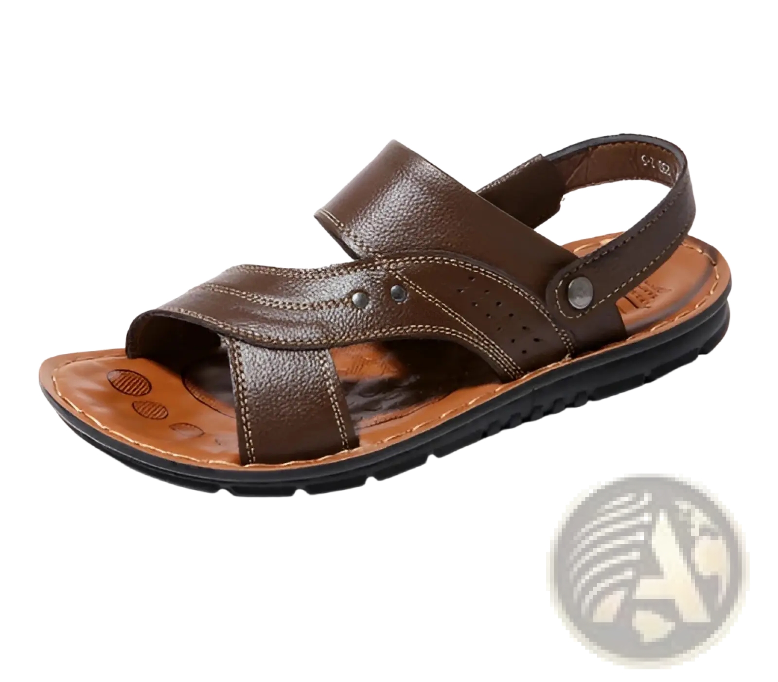 Men’s cowhide leather sandals in brown with multiple straps buckle accents and black rubber sole classic design