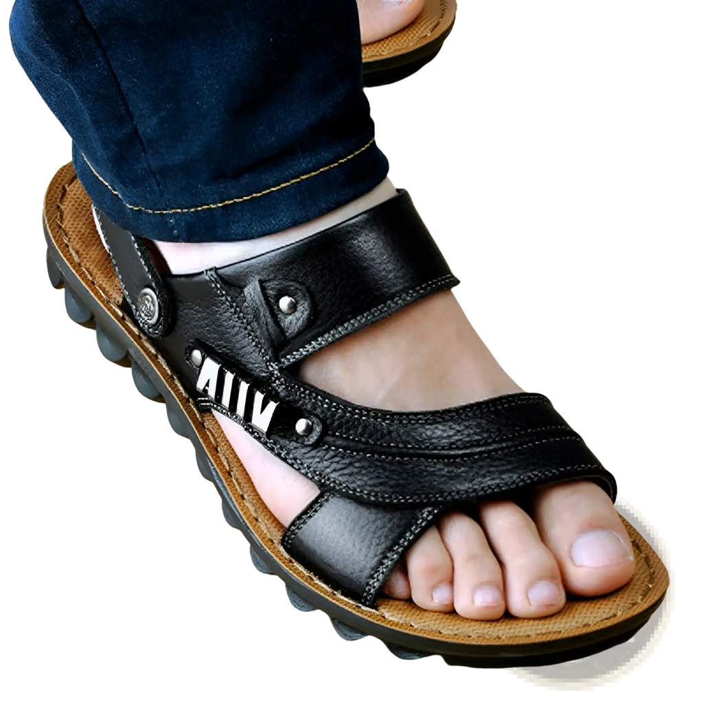 Men’s black cowhide leather sandals with textured sole and silver-toned buckle accents