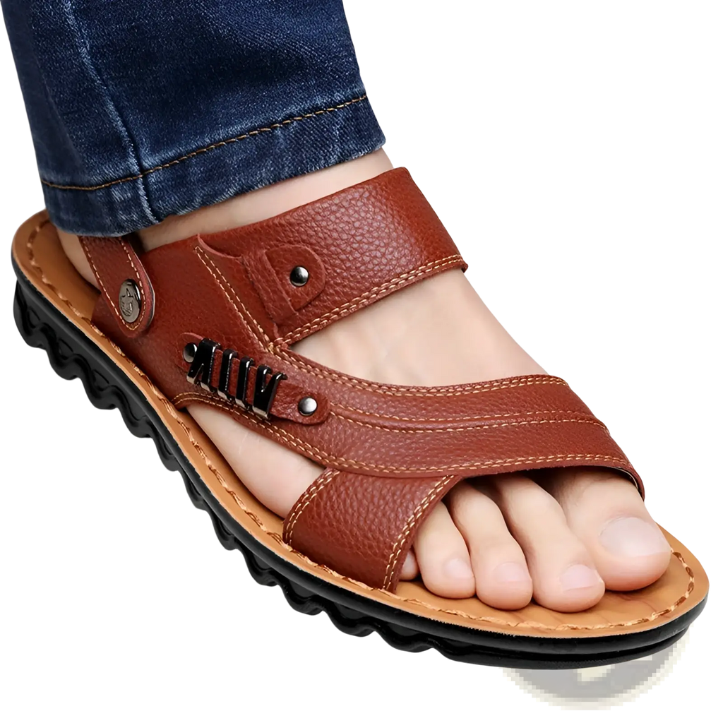 Men’s brown cowhide leather sandals with textured surface multiple straps and silver-toned buckle accents