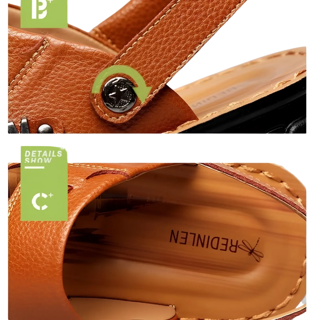 Men’s cowhide leather sandal in brown with black metal buckle and stitched detailing visible from the back side
