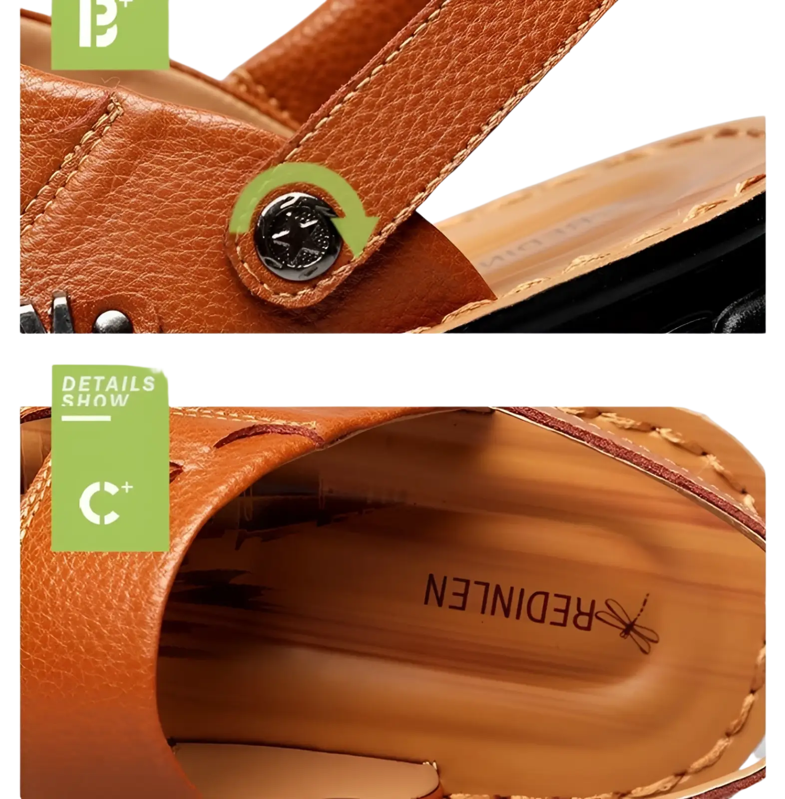 Men’s cowhide leather sandal in brown with black metal buckle and stitched detailing visible from the back side
