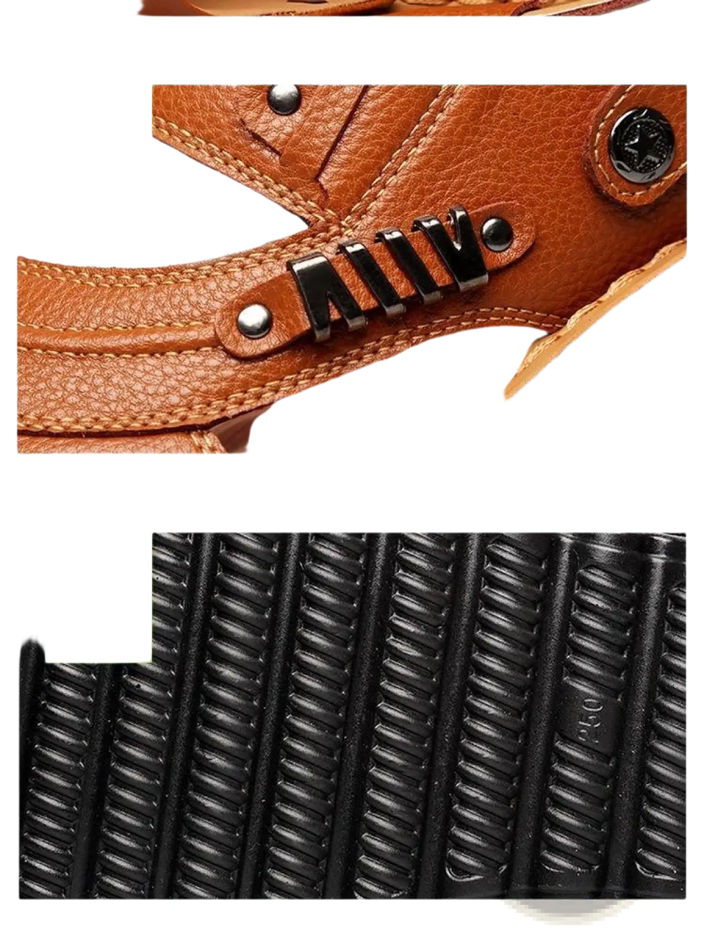 Men’s cowhide leather sandal in brown with textured metal buckle accents and black polyurethane outsole