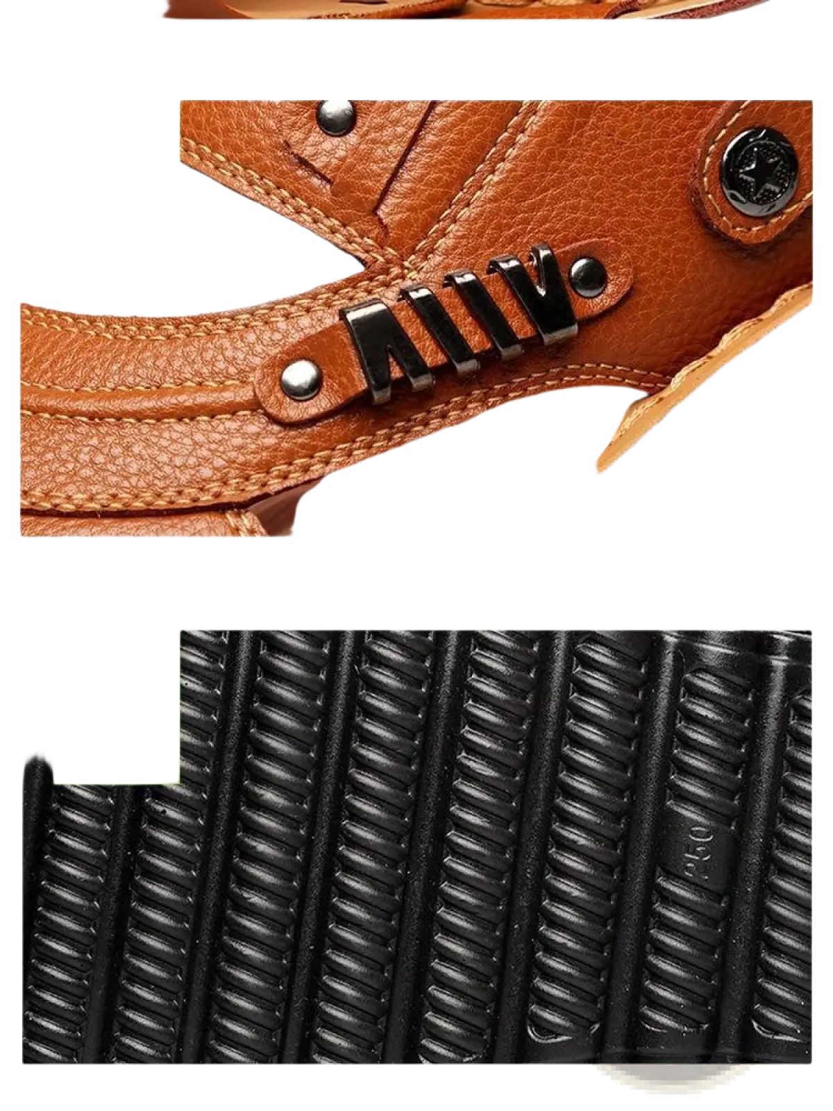 Men’s cowhide leather sandal in brown with textured metal buckle accents and black polyurethane outsole