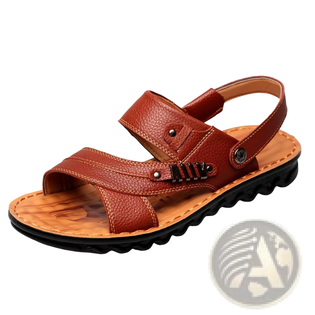 Men’s cowhide leather sandals in brown with textured surface adjustable straps and black metal buckle accents