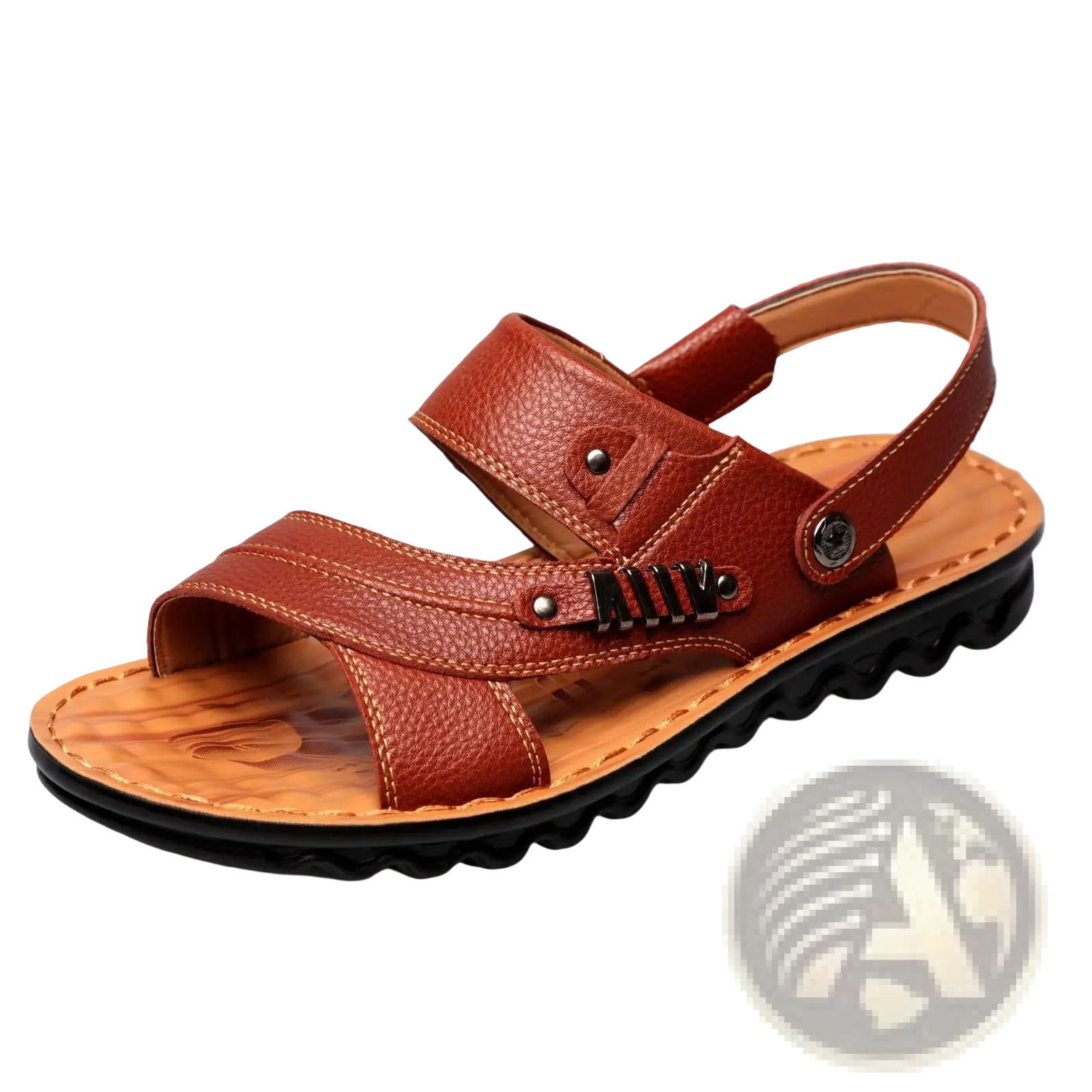 Men’s cowhide leather sandals in brown with textured surface adjustable straps and black metal buckle accents