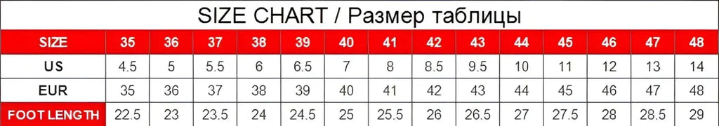 Size chart table with red and white rows showing us eur and foot length measurements for men’s cowhide leather sandals with buckle accents sizes 35 to 48