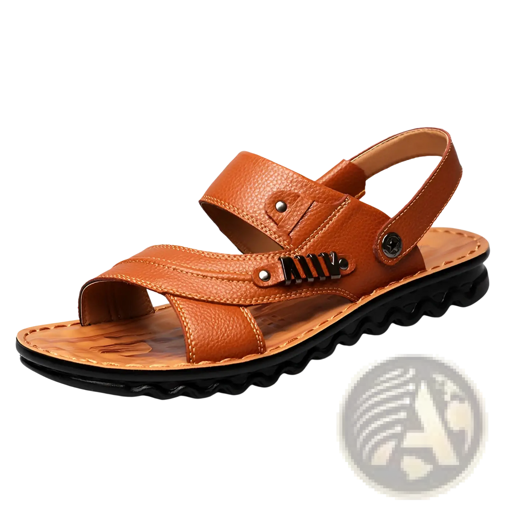 Men’s cowhide leather sandals in tan with black textured sole and metallic buckle accents for casual wear