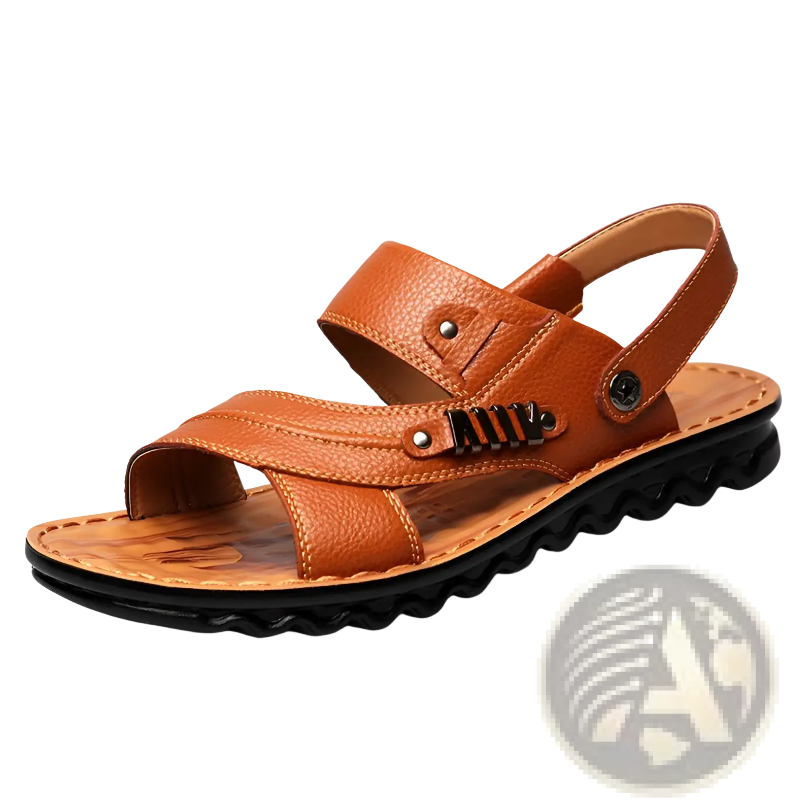 Men’s cowhide leather sandals in tan with black textured sole and metallic buckle accents for casual wear