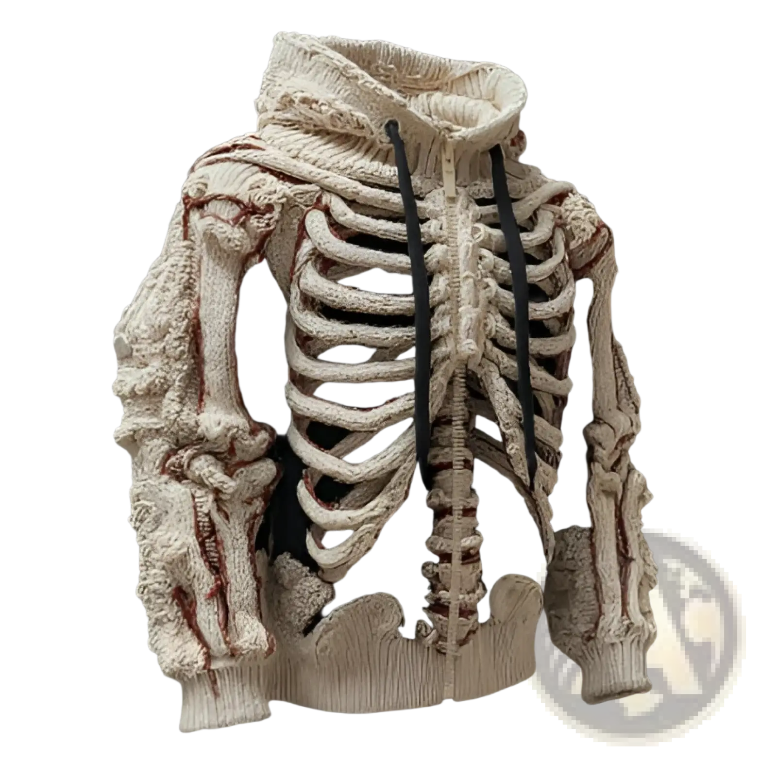 Men’s cream knitted hoodie featuring a detailed 3d skeletal bone pattern and black zipper pull in knit material