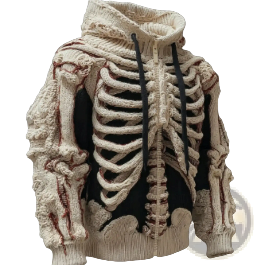 Men’s cream knitted hoodie with 3D textured ribcage and bone pattern in detailed cream yarn design