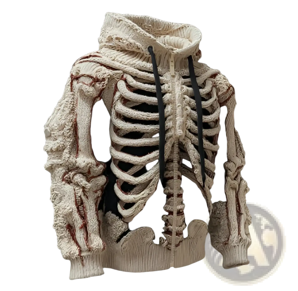 Men’s cream knitted hoodie with 3d skeletal bone pattern black drawstrings and red stitching accents