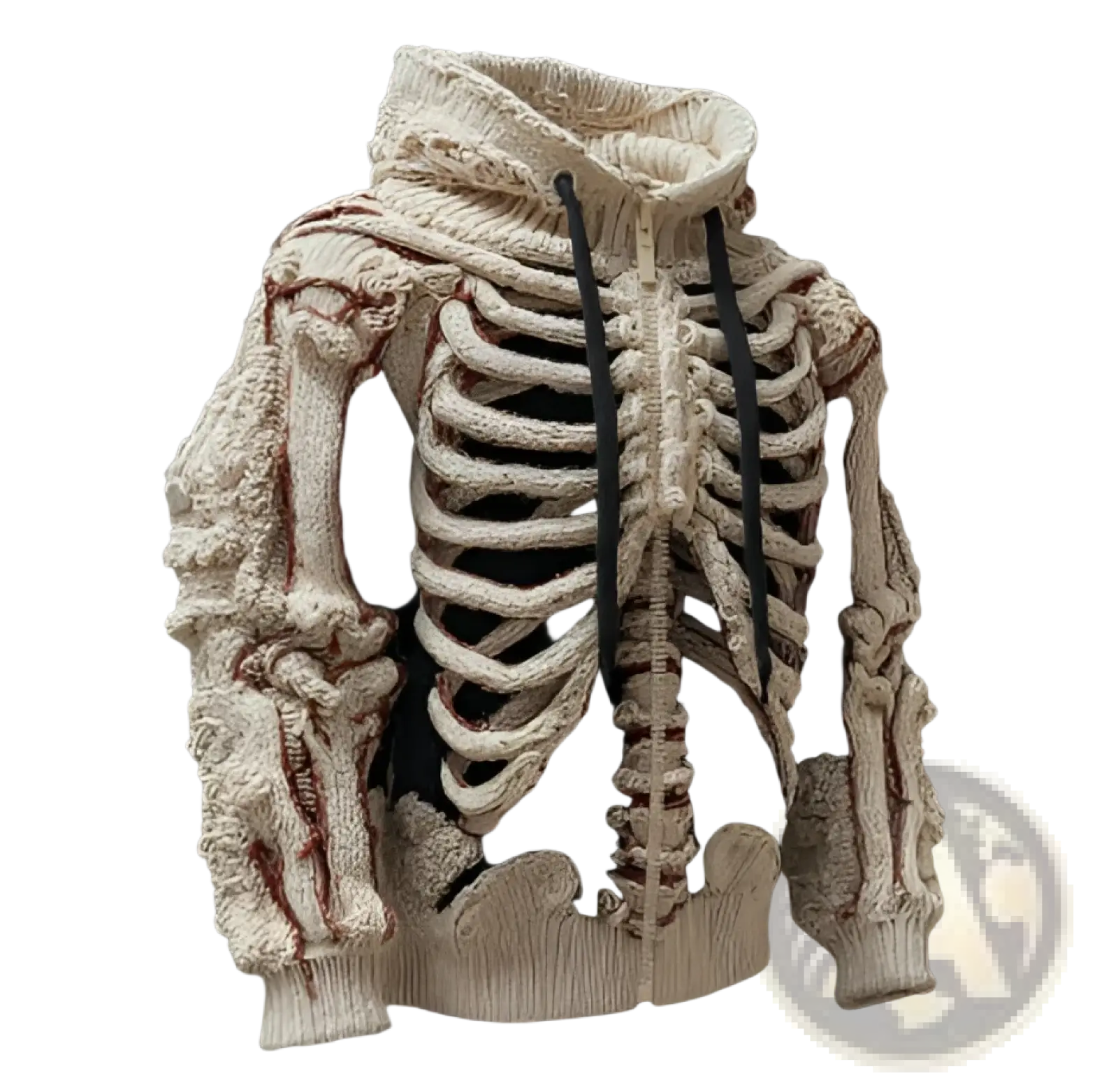Men’s cream knitted hoodie with 3d skeletal bone pattern black drawstrings and red stitching accents