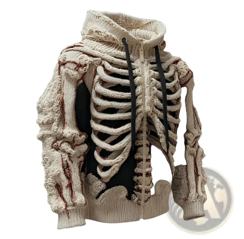 Men’s cream knitted hoodie with 3d skeletal ribcage bone pattern in yarn and dark drawstrings detailed design