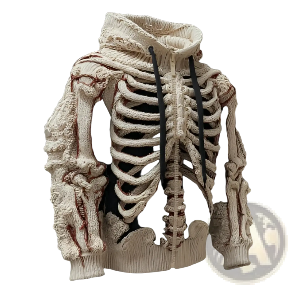 Men’s cream knitted hoodie featuring a detailed 3d skeletal ribcage and arm bone pattern in the same yarn