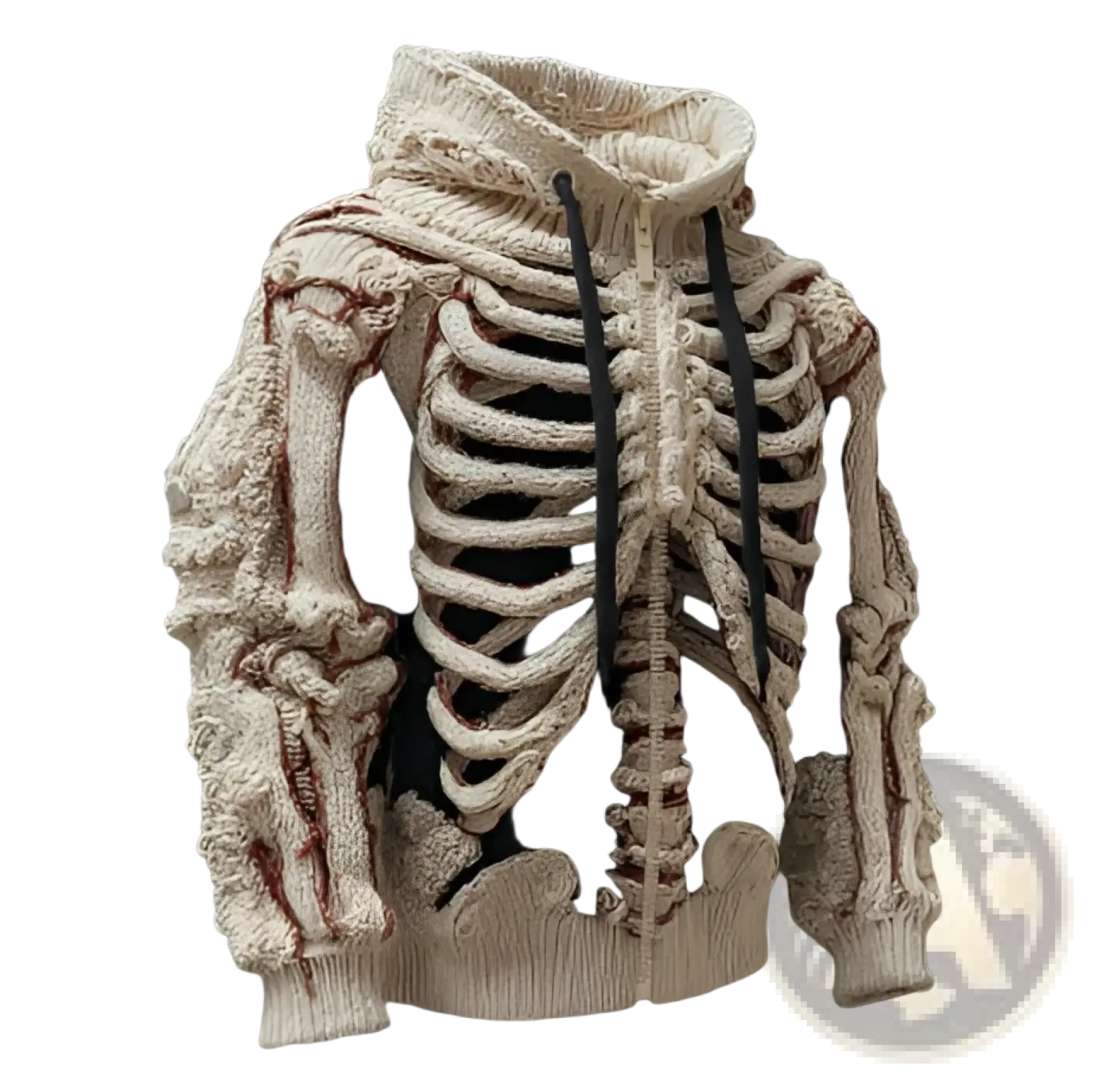 Men’s cream knitted hoodie featuring a detailed 3d skeletal ribcage and arm bone pattern in the same yarn