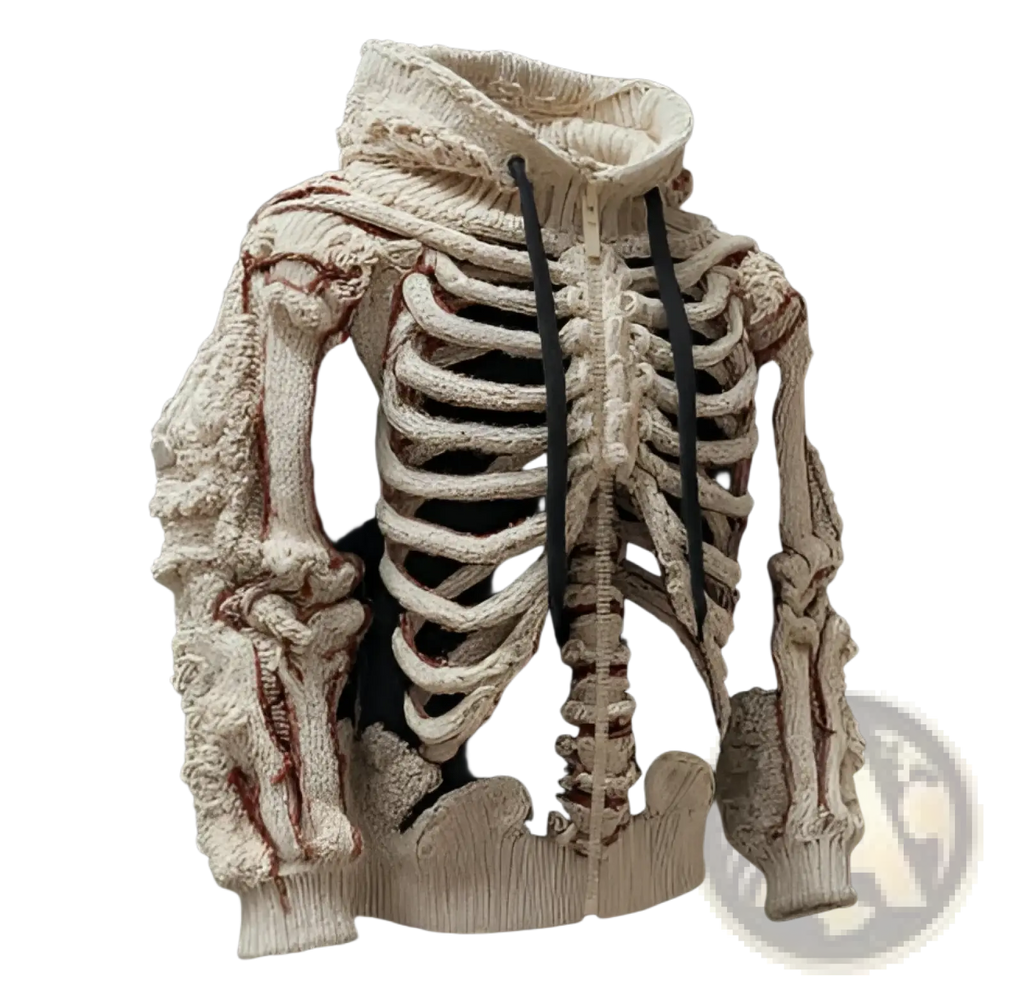 Men’s cream knitted hoodie featuring a detailed skeletal 3D bone pattern with black drawstrings and red stitching accents