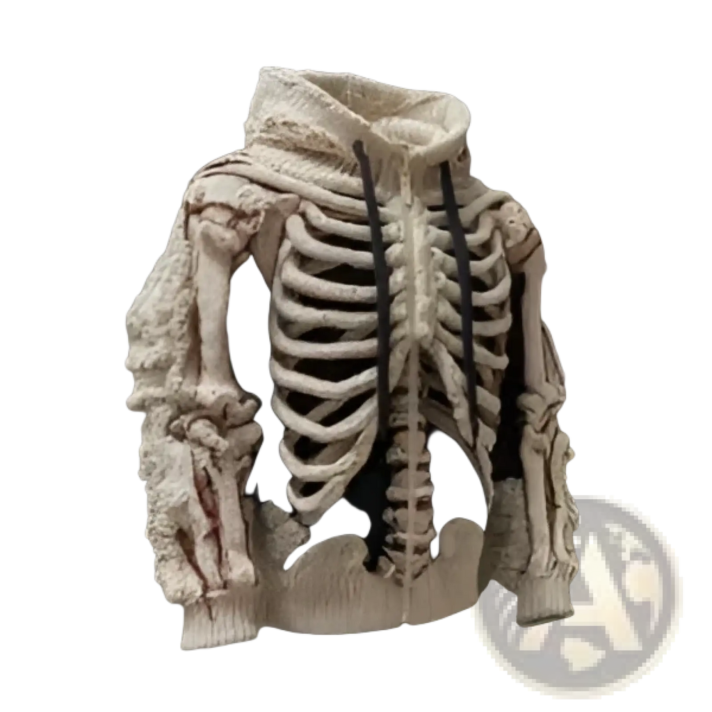 Men’s cream knitted hoodie featuring a detailed 3d skeletal ribcage and arm bone pattern design