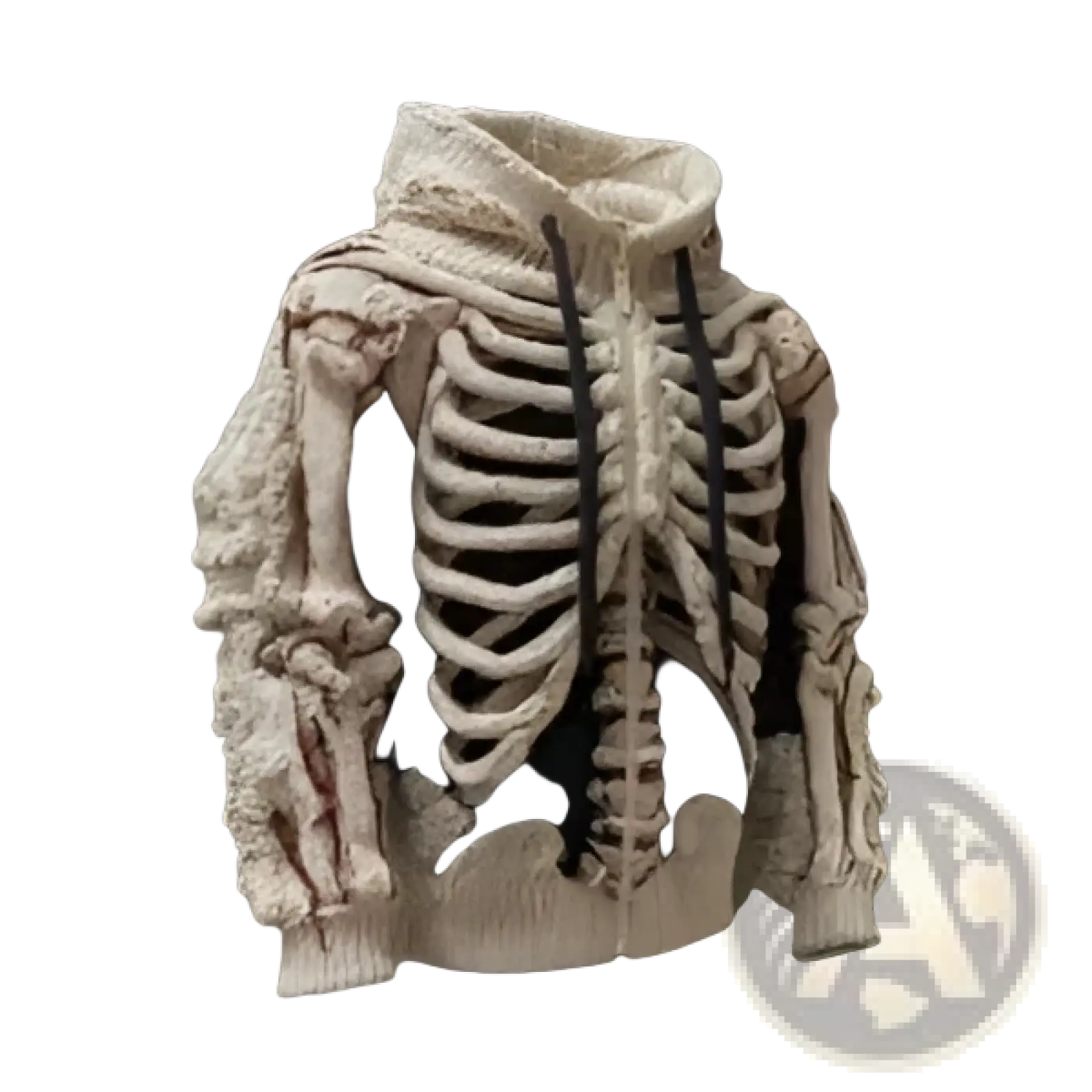 Men’s cream knitted hoodie featuring a detailed 3d skeletal ribcage and arm bone pattern design