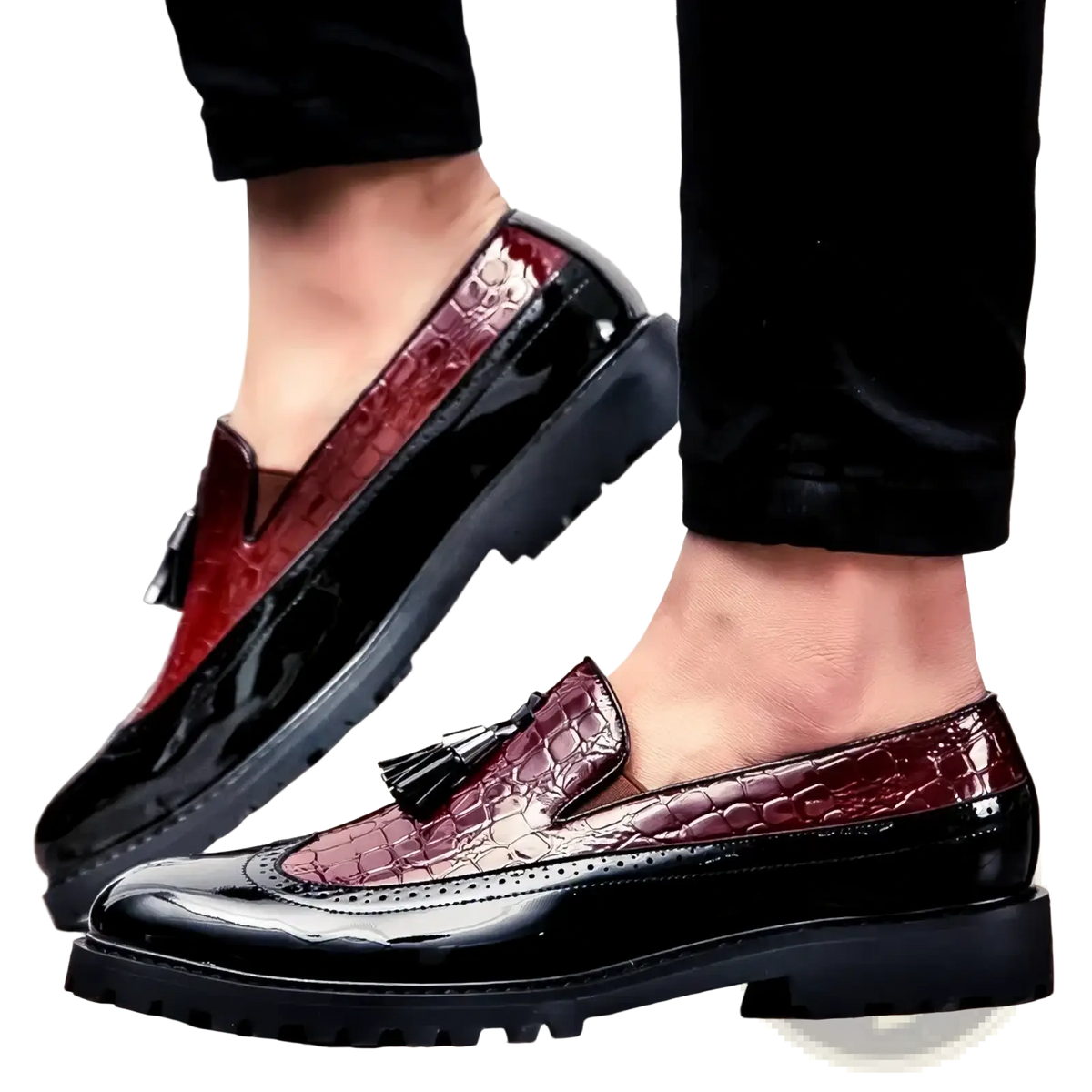 Men’s croc embossed leather tassel loafers in black and burgundy with a glossy finish