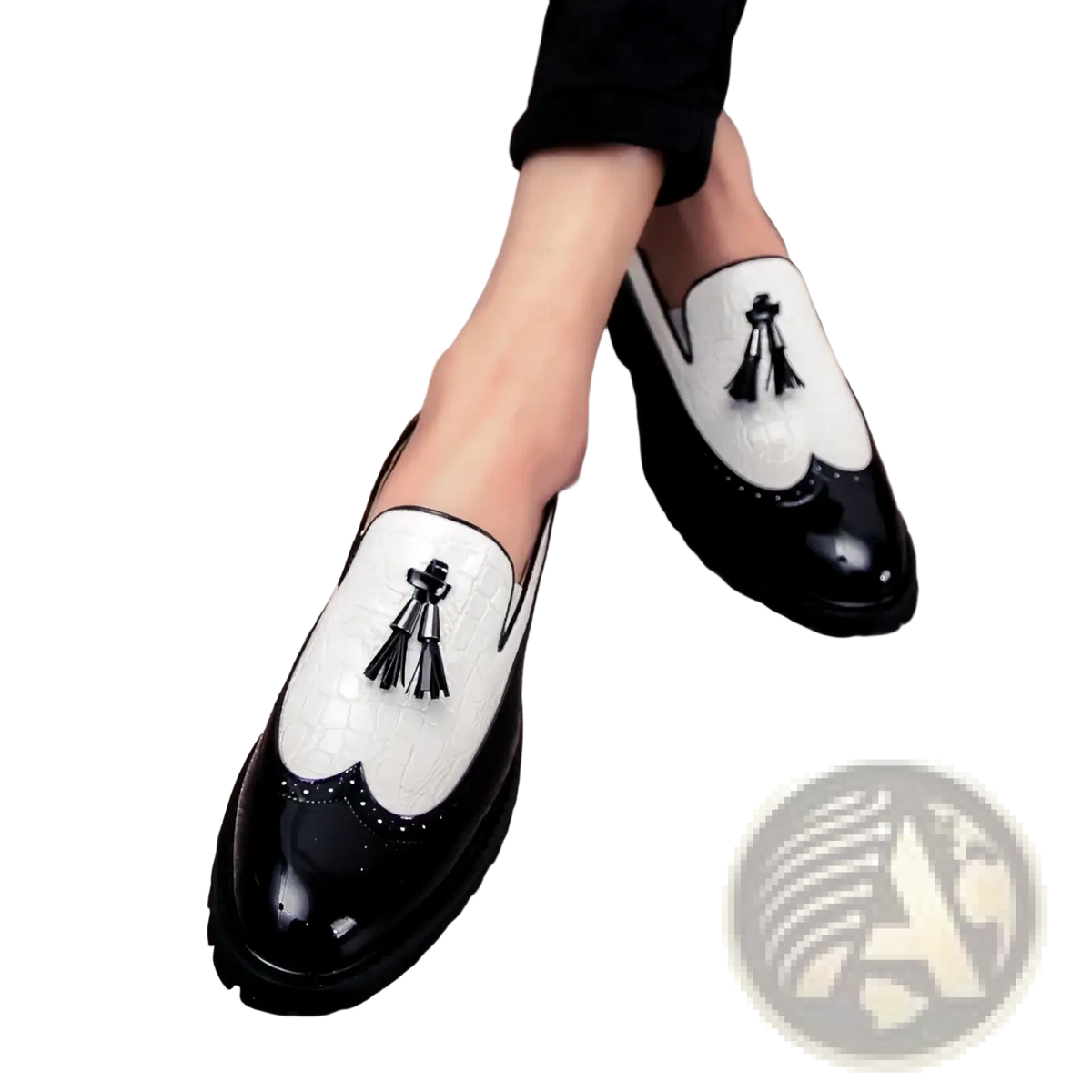 Men’s croc embossed leather tassel loafers in black and white two-tone with crocodile texture on the white panel