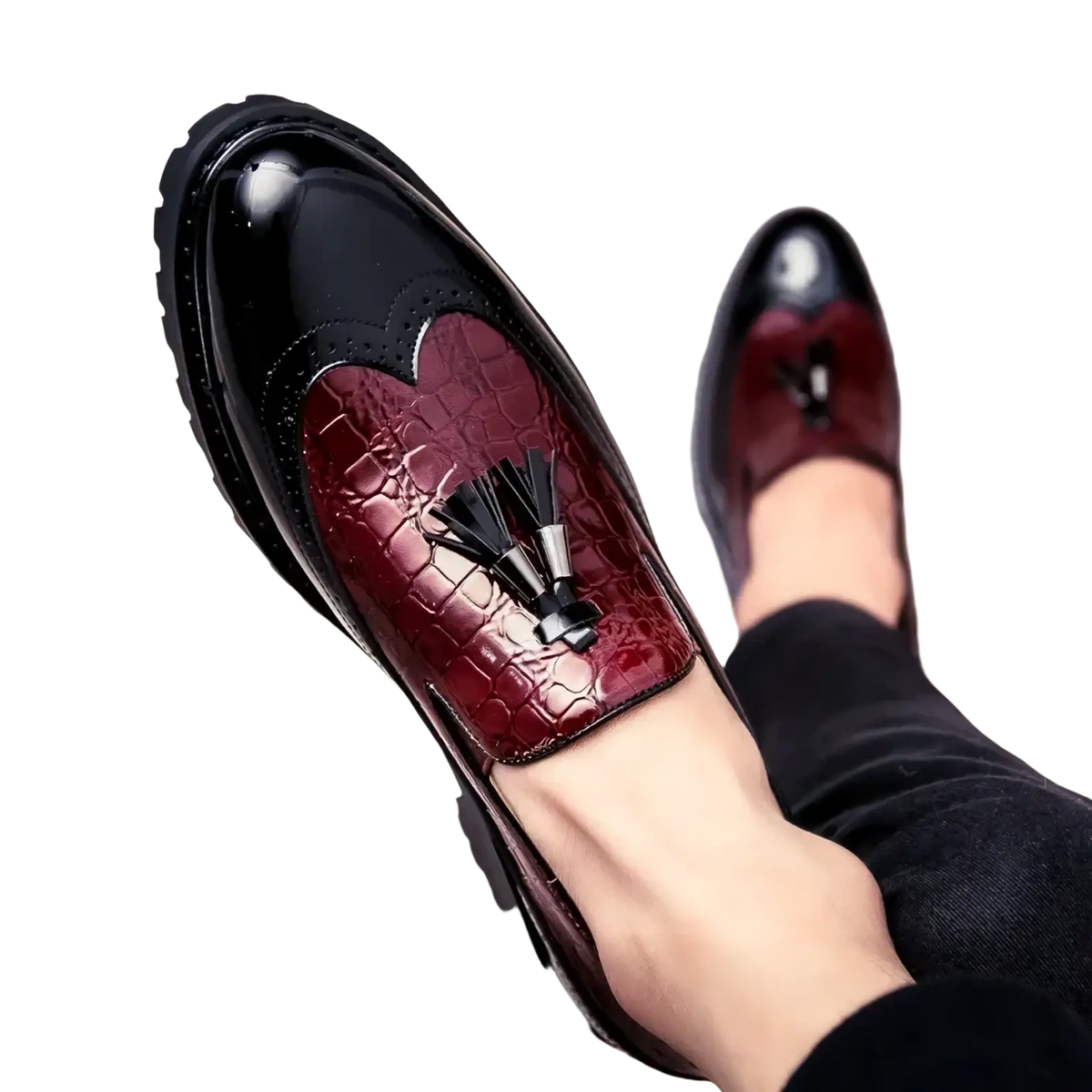 Men’s croc embossed leather tassel loafer in black and burgundy with crocodile texture and thick rubber sole