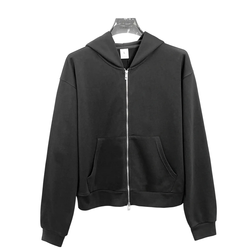 Men’s black cropped zip-up hoodie in brushed cotton featuring front pocket style and long sleeve style hanging on hanger