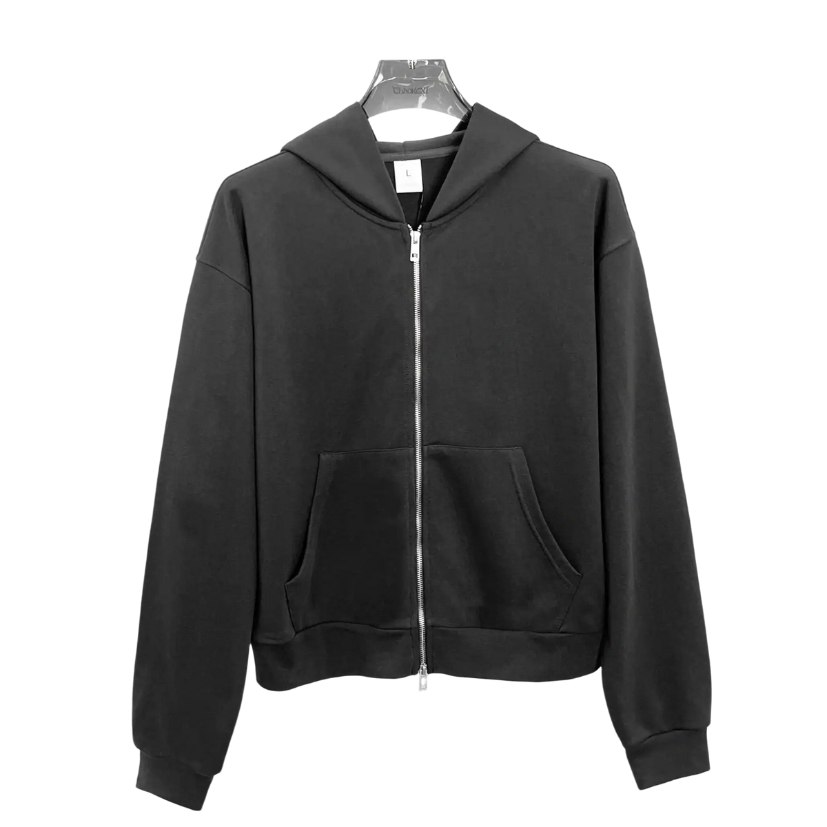 Men’s black cropped zip-up hoodie in brushed cotton featuring front pocket style and long sleeve style hanging on hanger