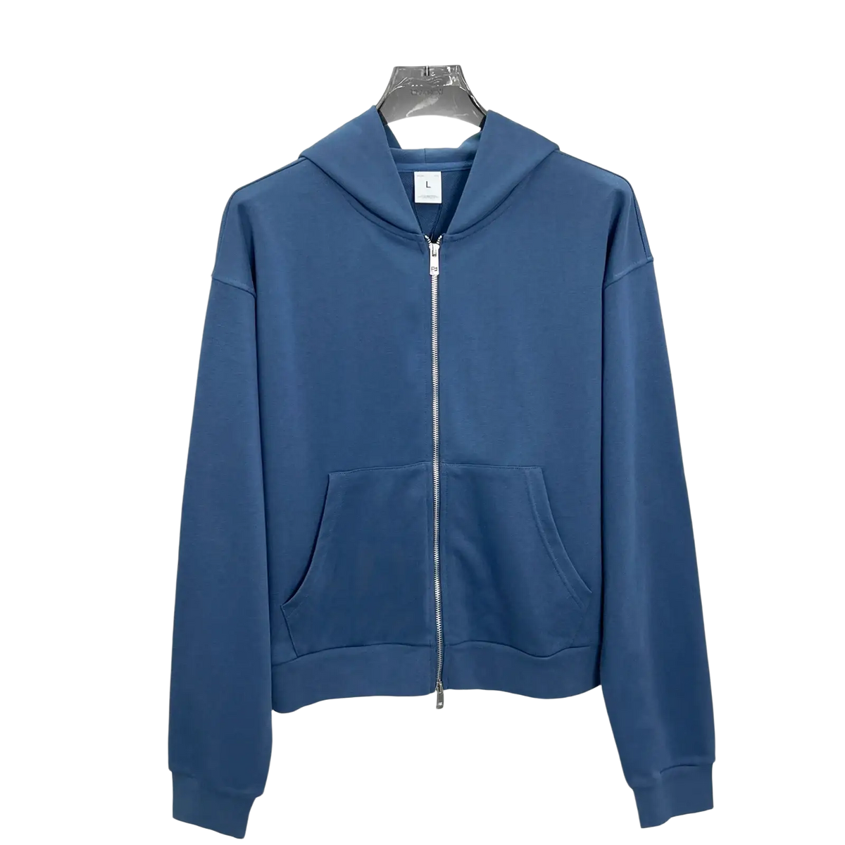 Men’s cropped blue zip-up hoodie made of brushed cotton with a front pocket style and long sleeve style for comfort