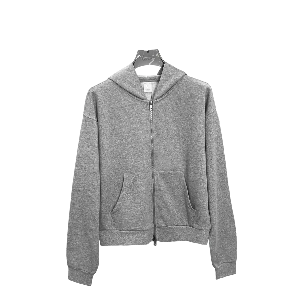 Men’s cropped gray heathered brushed cotton zip-up hoodie with hood, front pocket style, and ribbed sleeve style cuffs
