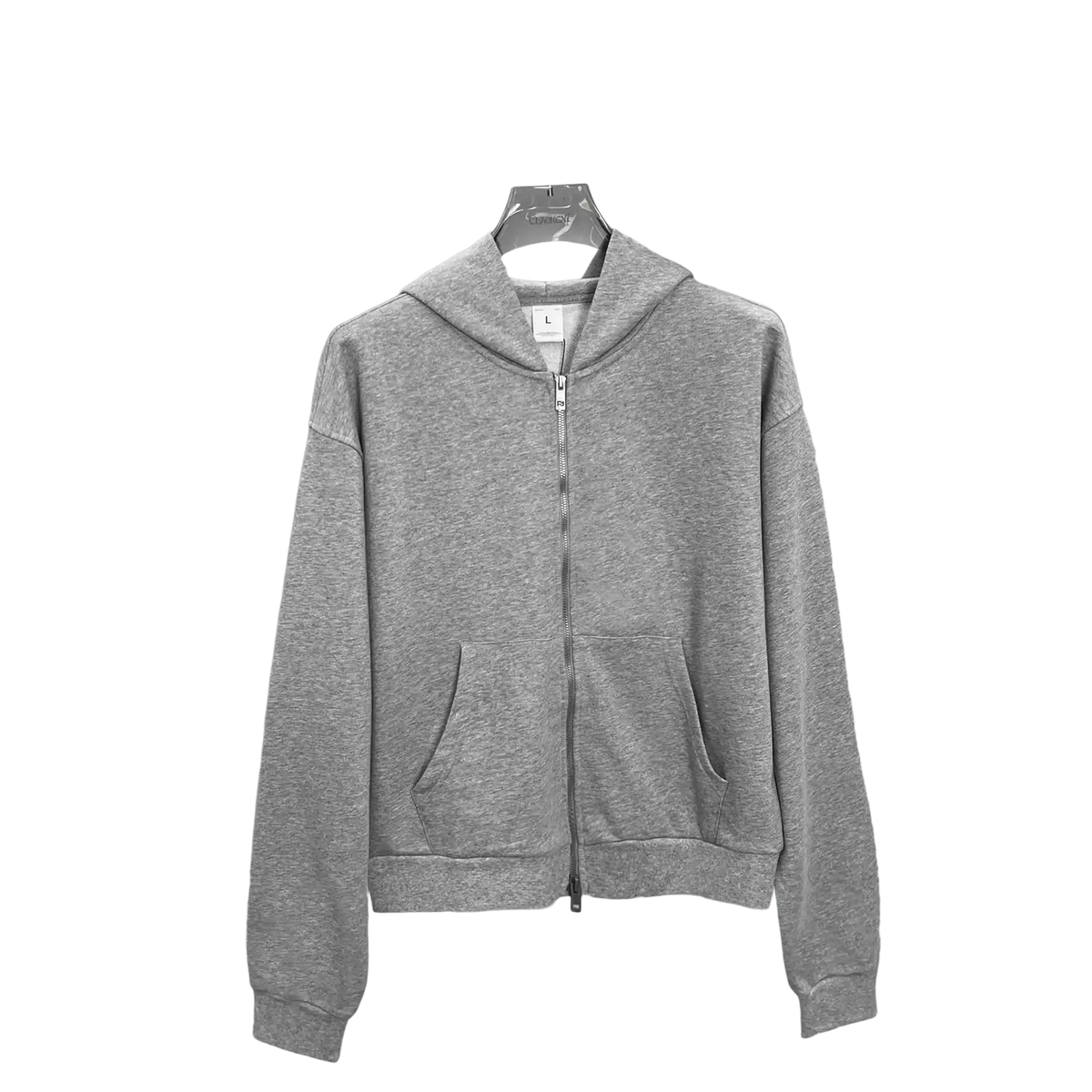 Men’s cropped gray heathered brushed cotton zip-up hoodie with hood, front pocket style, and ribbed sleeve style cuffs