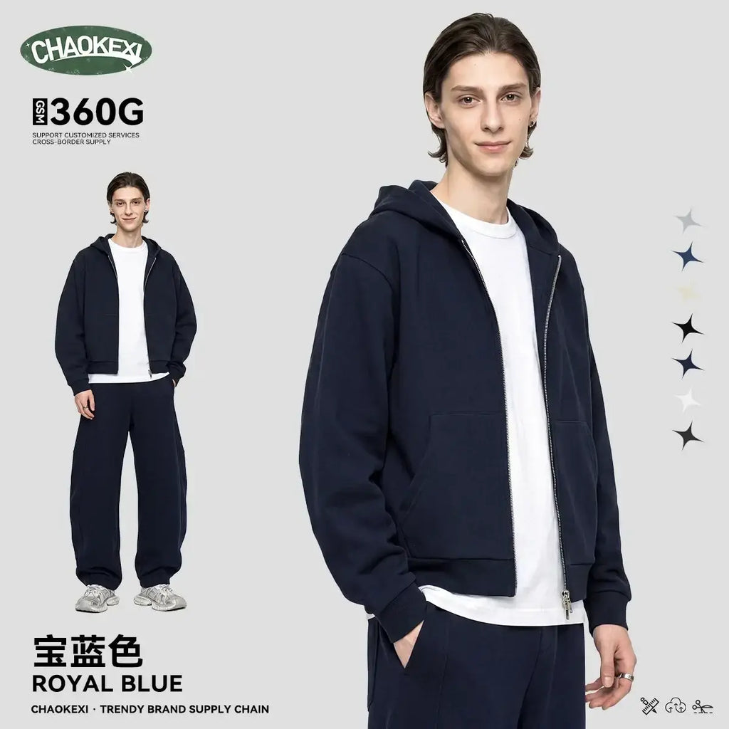 Men’s cropped navy blue zip-up hoodie with brushed cotton fabric, front pocket style and long sleeve style design