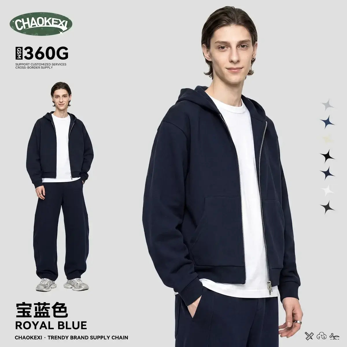 Men’s cropped navy blue zip-up hoodie with brushed cotton fabric, front pocket style and long sleeve style design