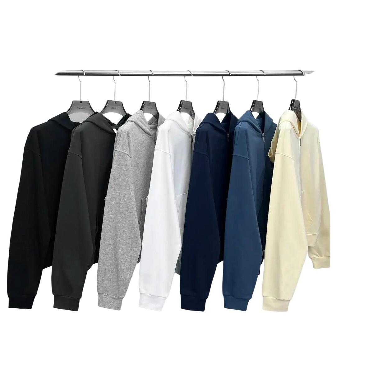 A row of men’s cropped zip-up hoodies in solid black gray white navy blue and cream with brushed cotton pocket and sleeve style