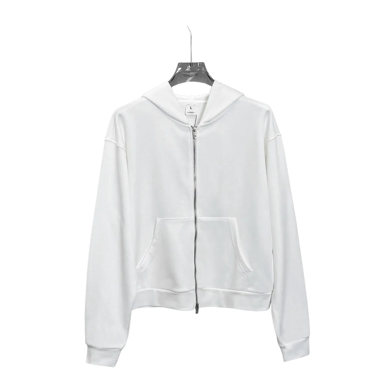 Men’s white cropped zip-up hoodie in brushed cotton featuring a front pocket style and long sleeves hanging on a hanger