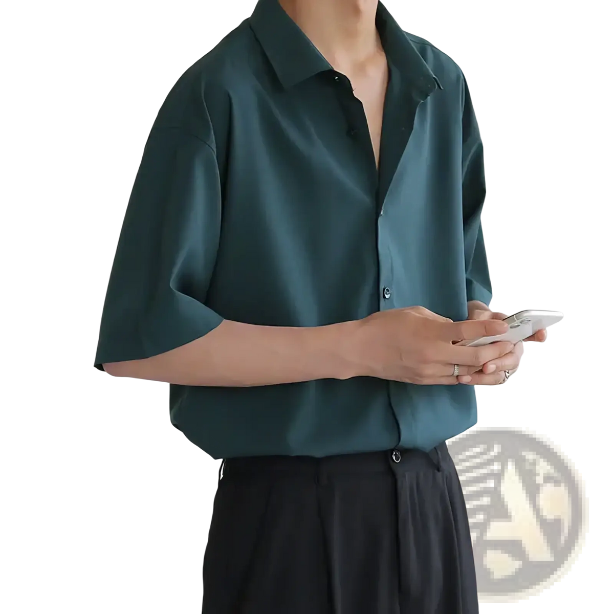 Men’s dark green short sleeve business casual shirt with a relaxed fit and classic collar in dark teal fabric