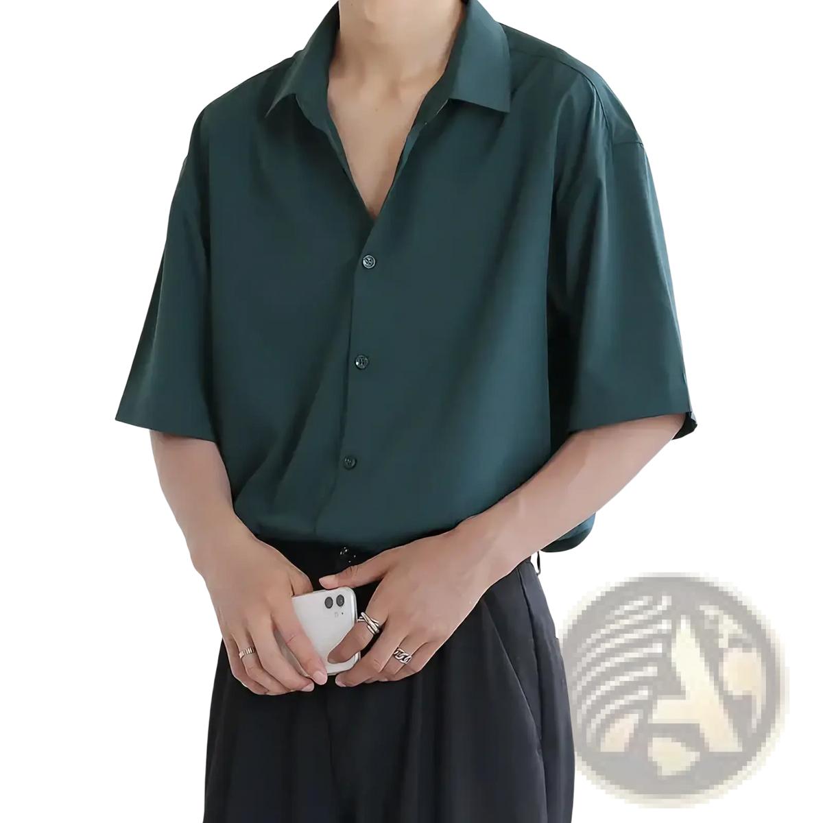 Men’s dark green short sleeve business casual shirt with relaxed fit and subtle sheen perfect for office wear