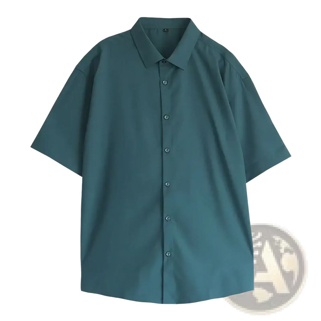Men’s dark green short sleeve button-up business casual shirt with classic collar and matching buttons in teal color